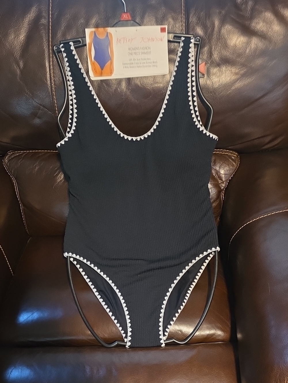 Betsey Johnson Black One-Piece Swimsuit with White Scallop Trim